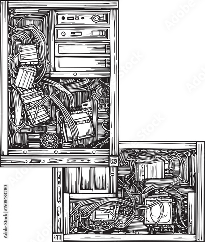 vintage computer tower is densely packed with intricate wiring and electronic components.
