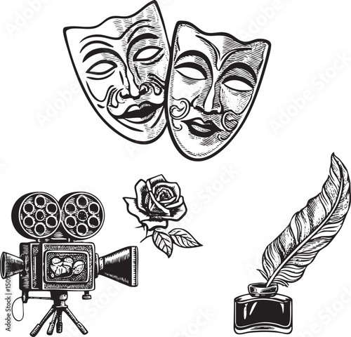 Two theatrical masks and a vintage camera represent artistic expression.