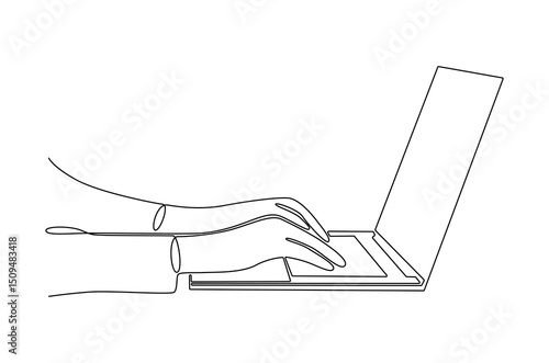 Continuous one line drawing of Hands typing on computer. Single line drawing illustration of Typing on keybord. Working by using laptop concept vector art. Doodle line illustration.