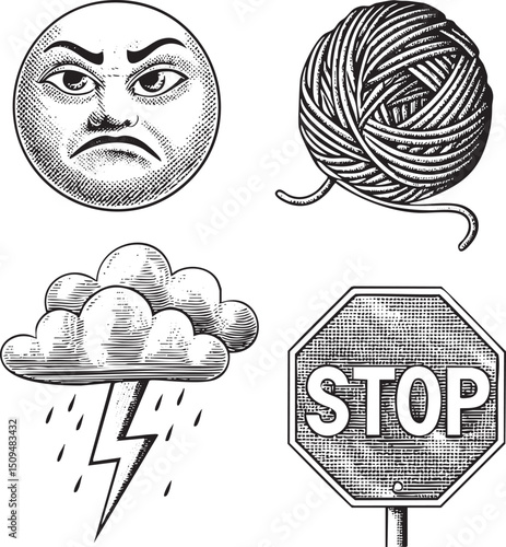 monochrome depicts a frowning moon a ball of yarn a stormy cloud with lightning and a stop sign.