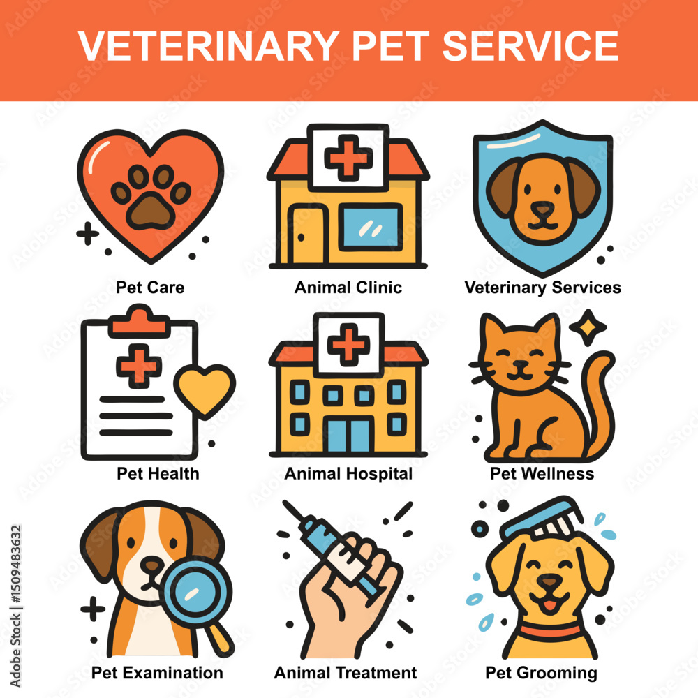 Fototapeta premium Veterinary and pet care icons for animal clinics, wellness services, grooming, and pet health treatment.