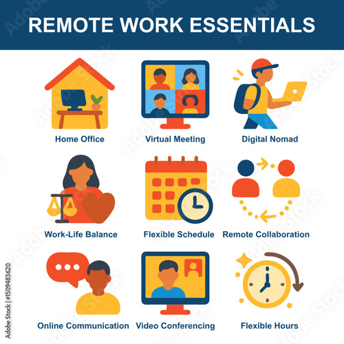 Remote work icons featuring home office, virtual meetings, and digital nomad lifestyle. Ideal for modern work-from-home projects.