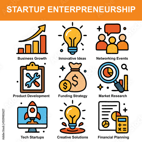 Startup-themed icons featuring business growth, product development, and innovative entrepreneurship concepts.