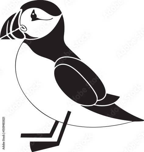 stylized puffin stands upright with its beak open.