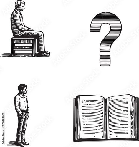 man sits contemplating a question mark while another observes an open book.