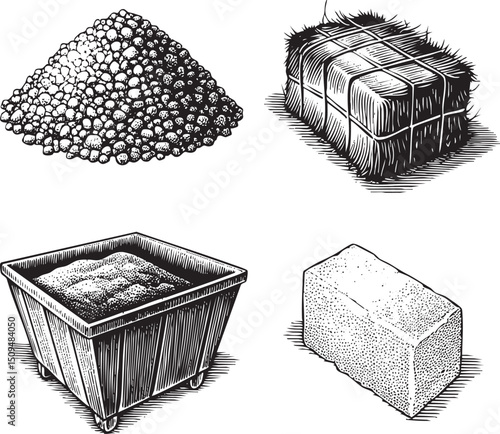 large pile of dark gray stones rests beside a bundle of tightly bound hay.