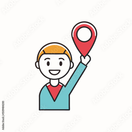 Happy boy holding up location marker icon