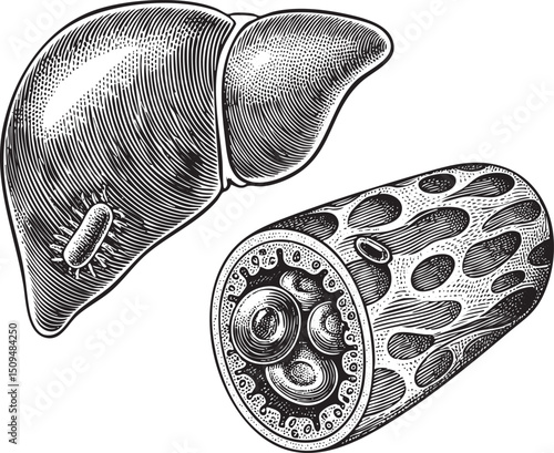 Two stylized liver illustrations showcase anatomical details.