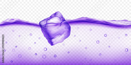 Large translucent purple ice cube floating in water with air bubbles, isolated on transparent background. Transparency only in vector format.