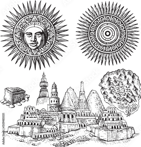 Intricate drawings depict ancient structures and celestial symbols.