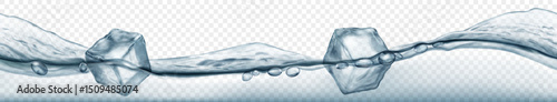 Three translucent ice cubes floating in water with waves, isolated on transparent background. Horizontal banner in gray colors. Transparency only in vector format.