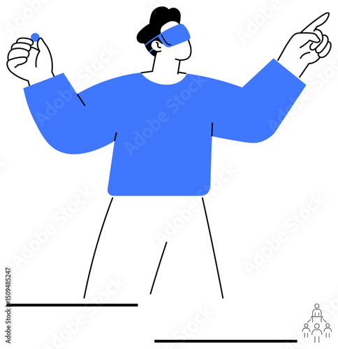Person wearing VR headset exploring virtual environment with hand gestures. Ideal for technology, innovation, virtual reality, interaction, digital transformation, future trends, flat simple metaphor