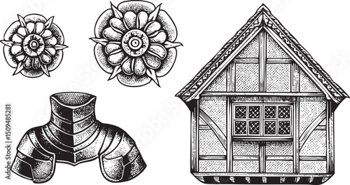 Three decorative circular adorn a weathered wooden building.