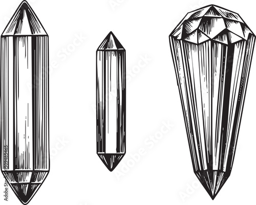 Three crystalline spears stand upright showcasing varied geometric shapes.