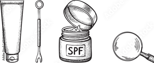 tube of lotion a spatula and a jar with SPF are displayed.
