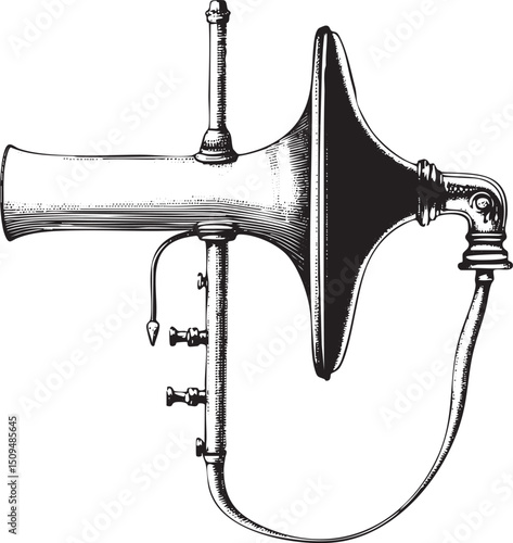 detailed black and white of a vintage brass instrument.