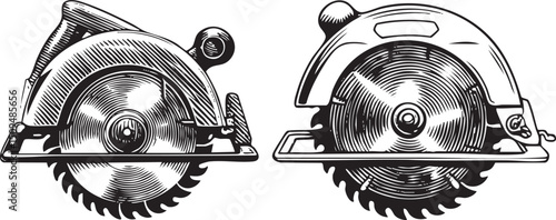 Two circular saws are depicted in a detailed monochrome .