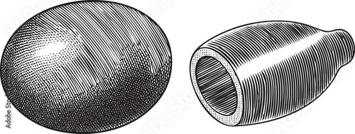 Two spherical and cylindrical objects rendered in detailed black and white engraving.