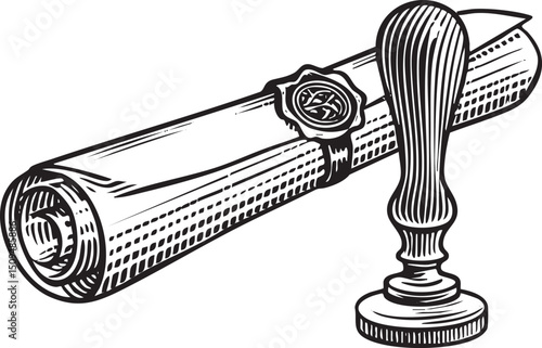vintage seal firmly presses a rolled document onto a wooden stamp.