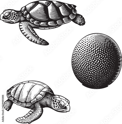 Two stylized tortoises rest upon a large textured sphere.