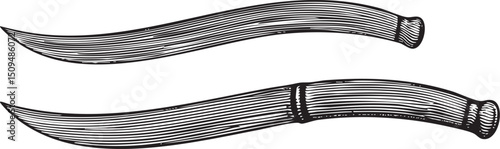 Two antique curved daggers rest side-by-side on a white surface.