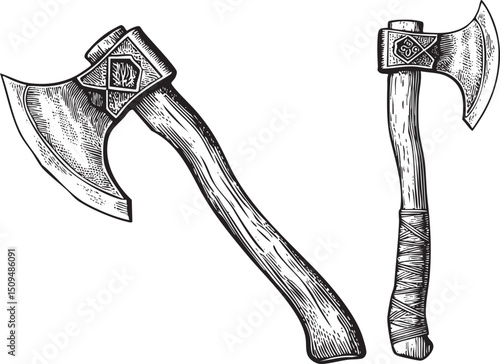 Two antique axes rest side-by-side on a weathered wooden surface.