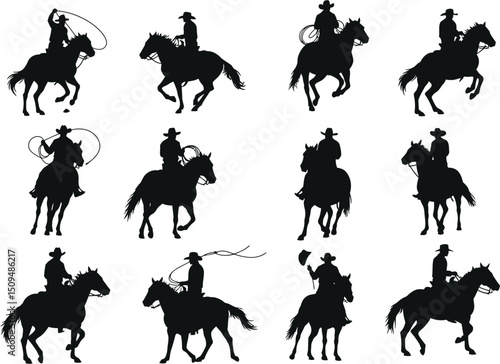Silhouettes of Cowboys Riding Horses: Dynamic Poses with Roping and Western Action