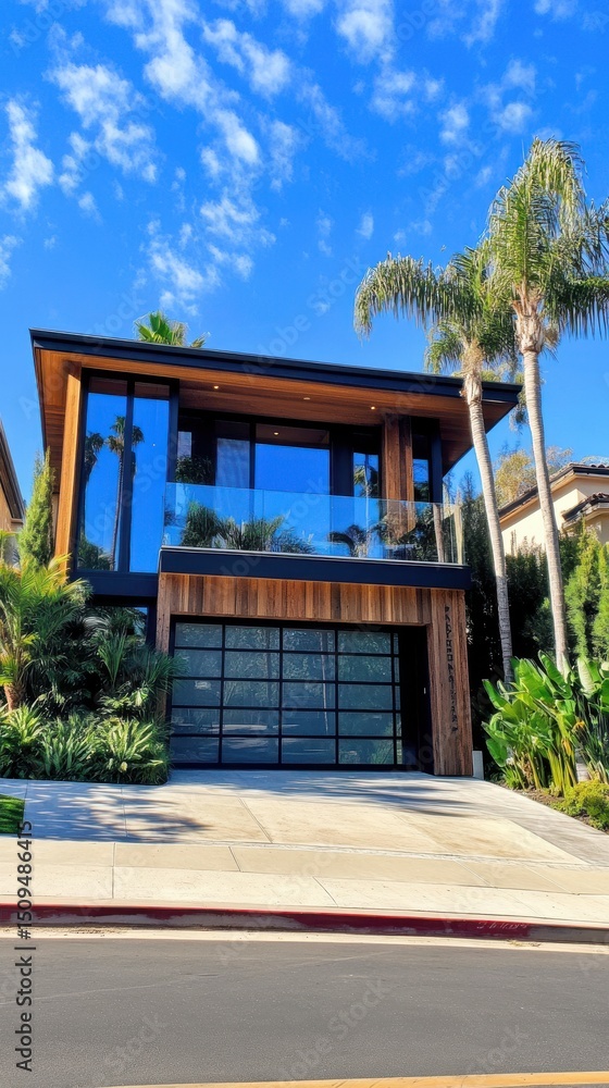 Fototapeta premium Contemporary beachfront house with wooden exterior and large reflective windows reflecting beautiful skies