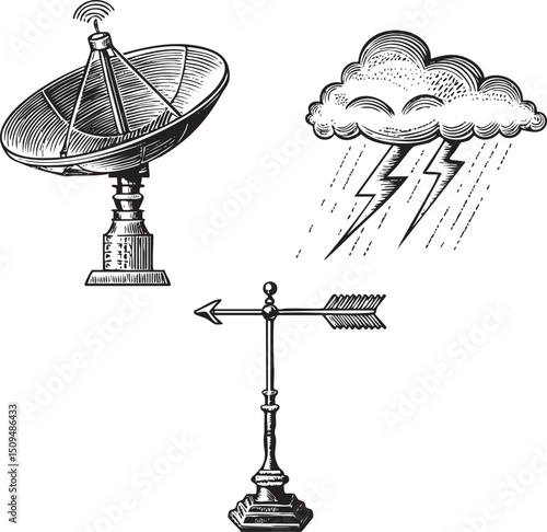 detailed depicts a vintage radio dish and an antique weather vane beneath a dramatic cloud.