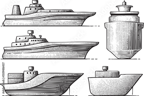 Four stylized ships are depicted in profile showcasing their unique hull shapes.