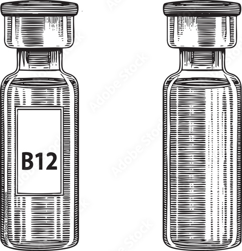 Two glass vials display a B12 supplement label.