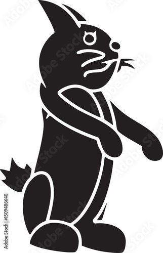 black cat stands upright with its head raised observing the viewer.