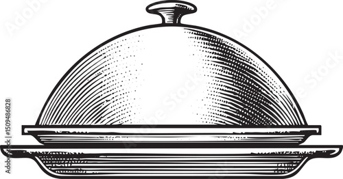 stylized black and white of a serving dome resting on a shallow plate.
