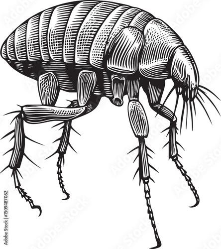 detailed engraving showcases a single flea resting on a textured surface.