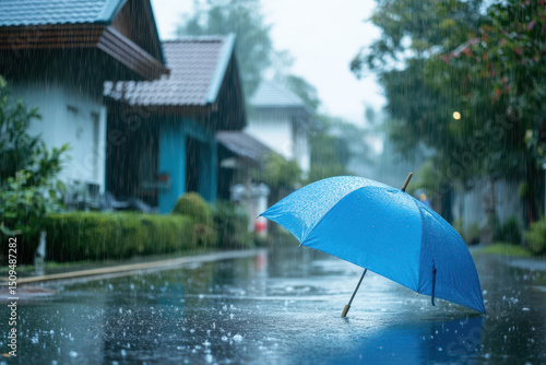 Wallpaper Mural House covered with blue umbrella on a rainy street in a residential area Torontodigital.ca
