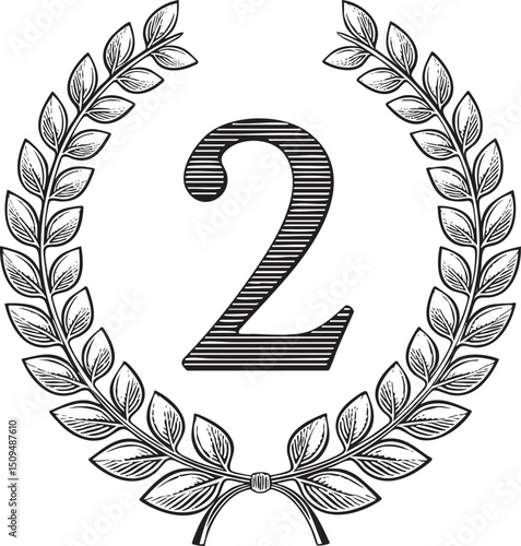 stylized number two is encircled by a laurel wreath of detailed leaves.