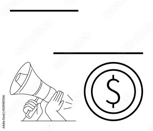 Hand gripping a megaphone near a bold dollar sign, representing promotion, advertising, revenue generation. Ideal for marketing, sales, finance, business growth, communication fundraising simple