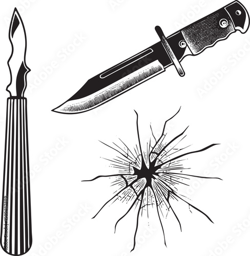 black knife a shattered glass  and a sharpened blade are displayed against a white background.