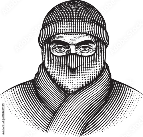 masked individual wears a knitted hat and scarf.