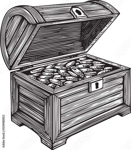 weathered wooden chest opens to reveal a collection of coins.