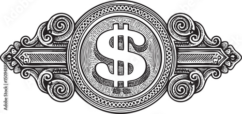 detailed black and white depicts a stylized dollar sign within an ornate decorative border.