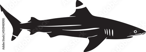 sleek black shark swims gracefully through a minimalist white space.