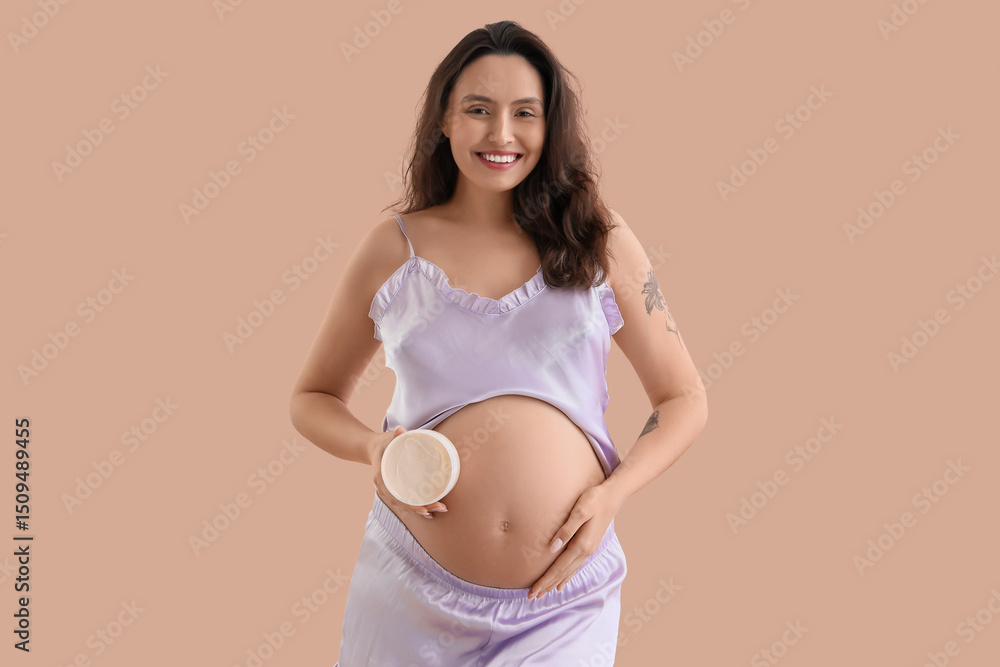 Young pregnant woman with body cream on beige background Young pregnant woman with body cream on beige background