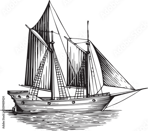 weathered sailing vessel floats on a calm sea.