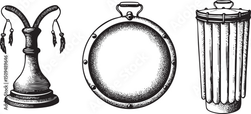 stylized black and white depicts three distinct objects: a chess piece a spherical pendant and a cylindrical drum.