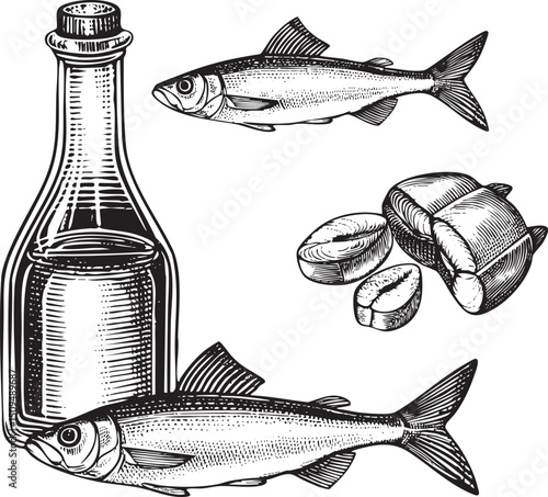 detailed showcases a bottle of oil and several fillets of fish.
