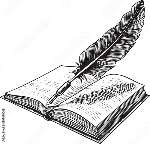 black feather rests upon an open leather-bound book.