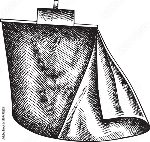 detailed black and white of a sailing vessel with billowing sails.
