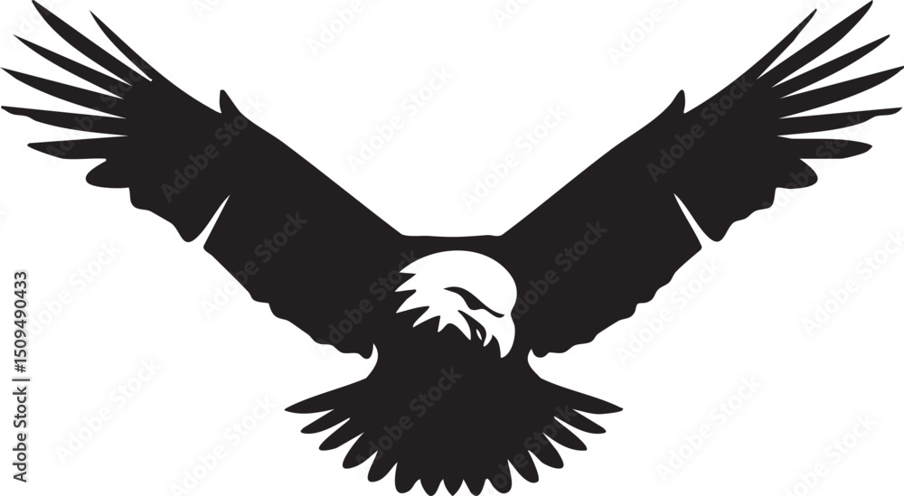 Obraz premium majestic bald eagle soars with outstretched wings against a stark white background.