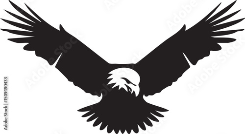 majestic bald eagle soars with outstretched wings against a stark white background.